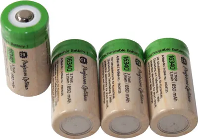 Four rechargeable batteries are arranged diagonally on a white background.