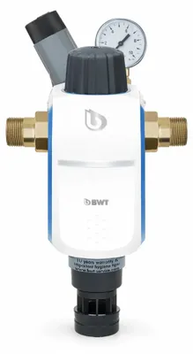 A water filter regulator with a pressure gauge.