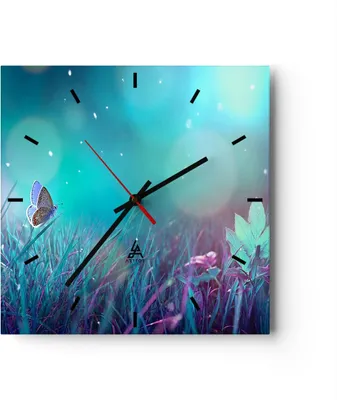 Produktbild von Wanduhr - Quadrat - Glasuhr - Schmetterling Wiese Blume - 40x40cm - Schleichendes Uhrwerk - Lautlos - zum Aufhängen bereit - Dekoration Modern - Wanddekoration aus Glas - C3AC40x40-4077