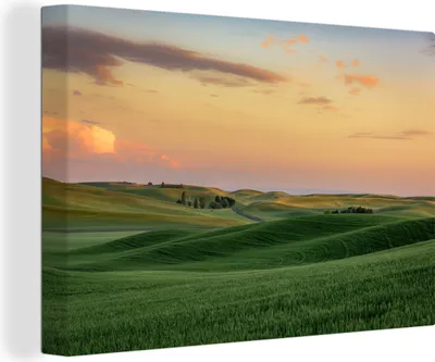 Produktbild von OneMillionCanvasses® - Leinwandbilder - 140x90 cm, Sonnenuntergang über Weizenfeldern und Bauernhof, Wandbilder Kunstdruck Wanddekoration - Foto auf Leinwand - Gemälde auf