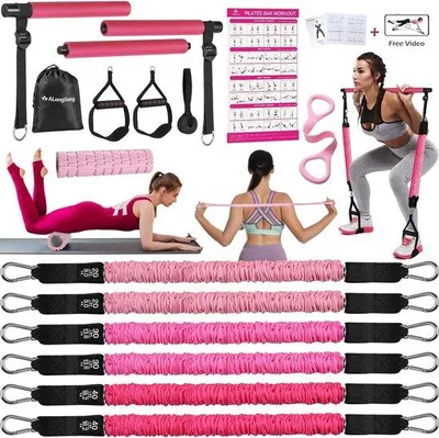 Productafbeelding van Pilates-set met 6 latex weerstandsbanden - Pilates-stang met 3 secties voor thuisgebruik - Fitnessapparaat voor yoga en stretching - draagbaar - Duwplank met een gewicht van 80/110 kg
