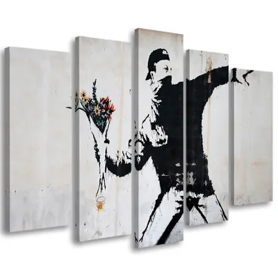 Produktbild von 5-teiliges leinwandbild banksy graffiti kunst blumen 150x100 cm Feeby grau wandbild bereit zum aufhängen