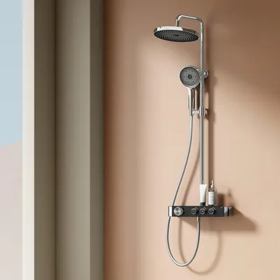 Produktbild von Duschsystem mit Thermostat, Regendusche Duschsystem Chrom, mit großer 26 cm Regendusche, 3 Strahlarten Handbrause, höhenverstellbarer Brausestange und Schlauch, Duscharmatur Komplettset