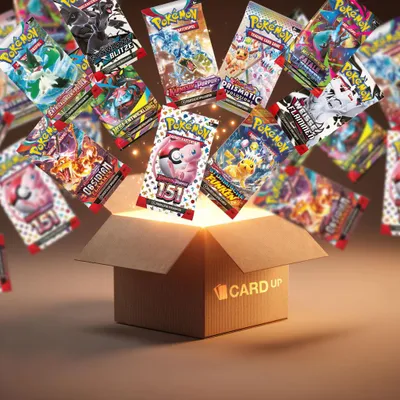 A cardboard box with several Pokemon booster packs emerging from it, glowing with light.