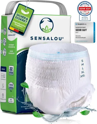 A package of adult incontinence pants with a single pair of pants displayed prominently in front.