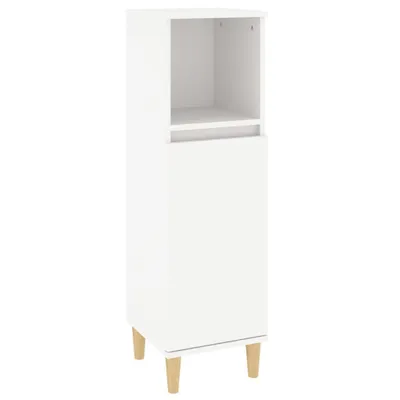 A white cabinet with wooden legs against a white background.