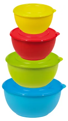 Produktbild von 4tlg. KING® Vorratsdosen-Set BONITO / Innen Edelstahl - Außen Kunststoff / 4 Schüsseln aus Edelstahl in den Größen ca. Ø11cm, Ø13cm, Ø15cm & Ø17cm