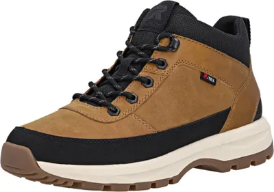 A single brown and black hiking boot is shown against a white background.