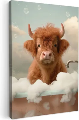 Zdjęcie produktu dla MuchoWow® - Obraz na płótnie - Szkocki góral - Kąpiel - Piana - Krowa, fototapeta, dekoracja ścienna, obrazy do salonu, 40x60cm