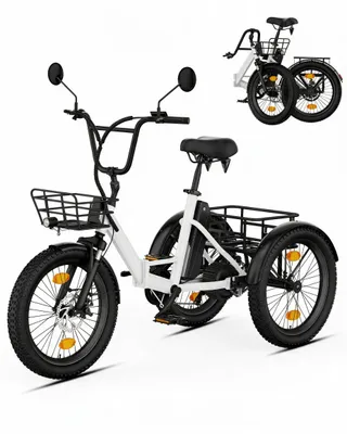 Produktbild von 20" Fat Tire E-Bike Dreirad Klappbar, Elektro Lastenfahrrad Erwachsene, 36V 10.4Ah, 250W Motor, Differential, 286kg Zuladung, Doppelkorb, weiß