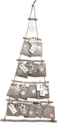Produktbild von Frau WUNDERVoll® DIY Adventskalender Weihnachtsbaum grau Papiertüten, Ziffern rosa-grau, Höhe ca 110 cm / Holz Leiterbaum Adventskalender Weihnachten Advent Deko Tannenbaum Wanddekoration