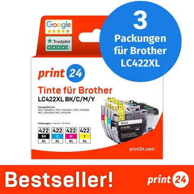 Produktbild von print24 Tintenpatronen für Brother LC422XL, Multipack (BK/C/M/Y), 3 Stück