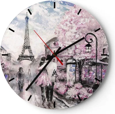 Produktbild von Wanduhr - Rund - Glasuhr - Paris Weg Illustration eiffle - 40x40cm - Schleichendes Uhrwerk - Lautlos - zum Aufhängen bereit - Dekoration Modern - Wanddekoration aus Glas - C3AR40x40-3149