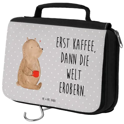 Produktbild von Mr. & Mrs. Panda kulturtäschchen Bär Kaffee - Grau Pastell - Geschenk, kosmetiktäschchen, Kosmetiktasche, Coffee, Necessaire, Teddy, Bären, Waschbeutel, Motivation