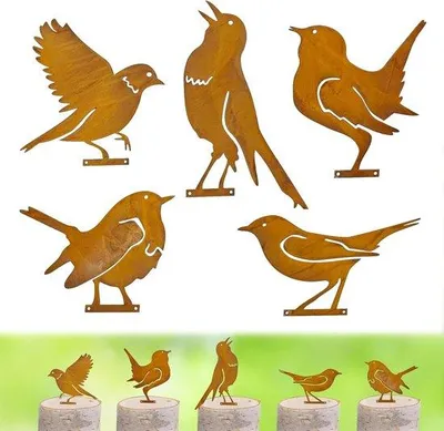Image de Décorations de jardin en métal, lot de 5, patinées, pour arbres, poteaux ou bordures de clôture