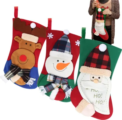 Produktbild von com-four® 3x Premium Weihnachtsstrumpf XL zum Befüllen - Nikolausstiefel zum Aufhängen - Weihnachtsdekoration in 3 süßen Designs - Nikolausstrumpf