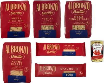 Produktbild von Barilla Al Bronzo Mix – 6 x 500 g: Linguine, Spaghetti, Penne Rigate, Mezze Penne, Mezzi Rigatoni, Fusilli | extra raue Oberfläche, Premium Hartweizengrieß + Italian Gourmet polpa