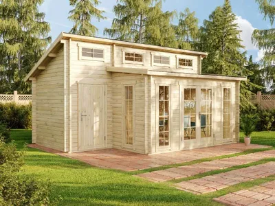 Produktbild von Alpholz Gartenhaus Lausitz mit Anbau 590x440cm Imprägniert 70mm Wandstärke