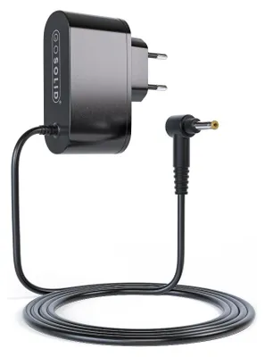 A black power adapter with a coiled cable and a right-angled connector, presented on a white background.