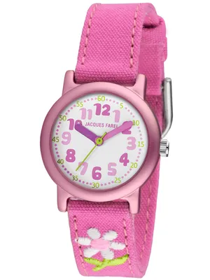 A close-up, front-facing studio shot of a pink children's watch with a floral design on the strap.