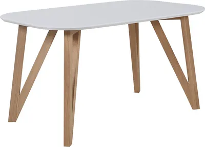 A white tabletop dining table with wooden legs on a white background.
