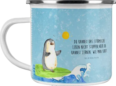 Produktbild von Mr. & Mrs. Panda Pott Pinguin Surfer - Eisblau - Geschenk, Hawaii, Emaille Tasse, Kaffeepott, Motiviert, becher, Emailletasse, Urlaub, Wellen, Teetasse, Optimistisch