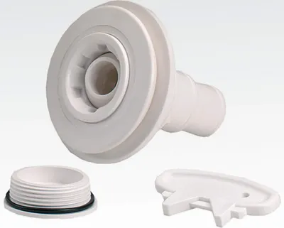 A white plastic pool skimmer return nozzle and two accessories are shown against a plain white background.
