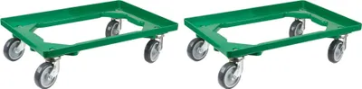 Produktbild von SparSet 2x Transportroller für Euroboxen 60x40cm mit Gummiräder grün | Offenes Deck | 2 Lenkrollen & 2 Bockrollen | Traglast 300kg | Kistenroller Logistikroller Rollwagen Profi-Fahrgestell