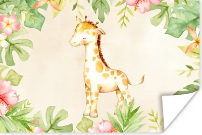 Produktbild von MuchoWow® Poster Giraffe - Aquarellfarbe - Blumen - Dschungel 180x120 cm - Fotoplakat