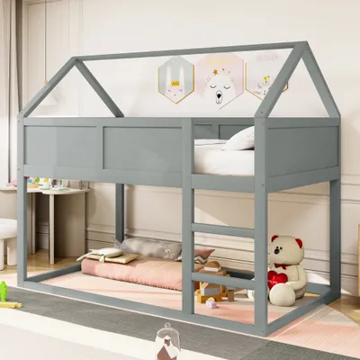 Produktbild von UnboxG Etagenbett -Kinderbett 90x200cm mit Lattenrost, Kinderbett mit Leiter, Hausbett mit Rausfallschutz, Einzelbett Massivholzbett, Grau