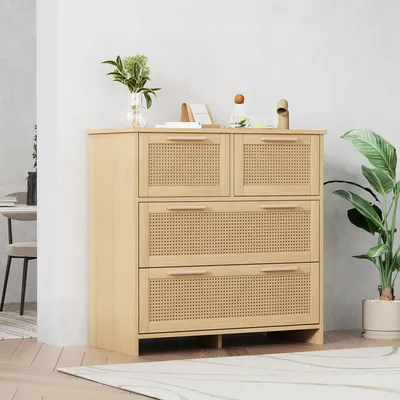 A wooden cabinet with rattan drawer fronts is shown in a room with a plant and some decorative items on top.