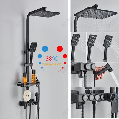 Produktbild von Duschsystem mit Thermostat Schwarz Duscharmatur Regendusche Mischbatterie Set