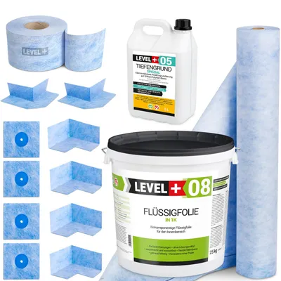Zdjęcie produktu dla Zestaw do Hydroizolacji Folia w płynie 25kg Taśma uszczelniająca 25mb Grunt 5L Mata 5mb Level+ SET51