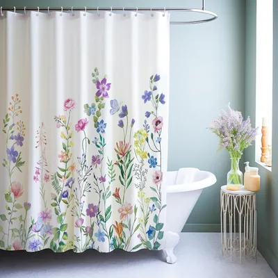 Obrázek produktu pro Vícebarevná sprchová záclona s květinovým vzorem, 180 x 200 cm, pratelná, z polyesterové tkaniny odolné proti plísním, s 12 kroužky