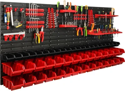 Produktbild von Lagersystem Werkstattregal | 172 x 78 cm | 50 stck. Box | Wandregal mit Werkzeughalterungen und Stapelboxen - Wandplatten Extra Starke Schüttenregal Warkzeuglochwand Lagerregal Garage Regal