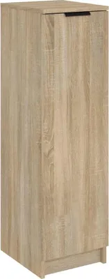 A tall, narrow cabinet with a wood-grain finish and a black handle.