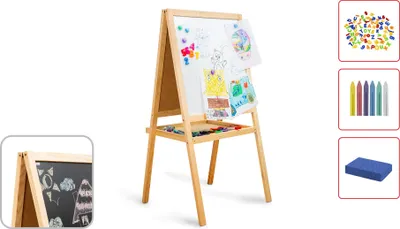 Produktbild von Kinder Spiel-Tafel Doppelseitig, Whiteboard und Kreideoberfläche, Rahmen aus Holz 120 cm Kindertafel, Breiter Rahmen, klappbare Ablage, Staffelei, Whiteboard-Magnetisch + Zubehőr – Chalkpack 6 Farben,