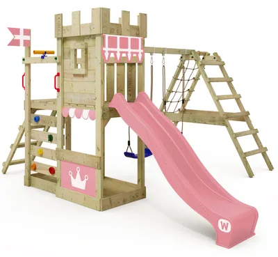 Produktbild von Spielturm Wickey DragonFlyer mit Kletteranbau und Rutsche, aus Holz, pastellpink