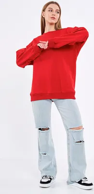 Produktbild von COMEOR Sweatshirt Damen Bequemer Oversize Pullover aus Baumwolle, Langarmshirt als Basic Pulli ohne Kapuze Regular Fit (Rot L)