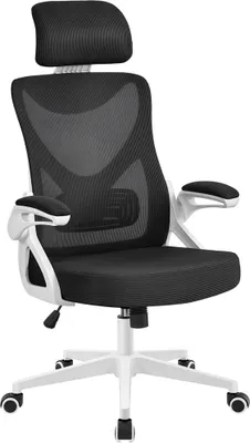 Produktbild von Yaheetech Bürostuhl Ergonomisch, Schreibtischstuhl mit Hochklappbaren Armlehnen, Drehstuhl mit Rückenlehne und Verstellbarer Kopfstütze, bis 136 kg Belastbar  Weiß/Schwarz