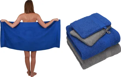 Produktbild von Betz 5 tlg. Handtuch Set SINGLE Pack 100% Baumwolle 1 Duschtuch 2 Handtücher 2 Waschhandschuhe farbe - royalblau - anthrazit grau 250804