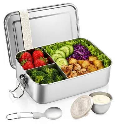 Edelstahl Brotdose 1200 ml, 3 Fächer, auslaufsicher, Bento Box