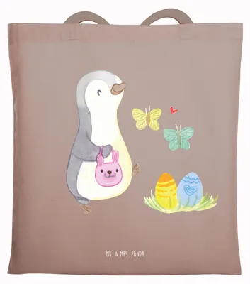 Produktbild von Mr. & Mrs. Panda Tote Bag Pinguin Eier suchen - Braun Pastell - Geschenk, Tasche, Ostern, Einkaufstasche, Schultasche, Jutebeutel, Laptoptasche