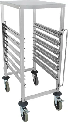 A stainless steel tray trolley with multiple shelves and wheels, shown from a slightly angled front view against a white background.