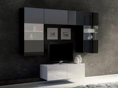 Produktbild von Wohnwand CALABRINI-10 Wohnzimmer-Set Hängewohnwand Schrankwand mit LED-Beleuchtung TV-Schrank Vitrine Moderne Anbauwand Hochglanz (Schwarz / Weiß)