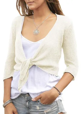 Produktbild von Imily Bela Damen-Shrug zum Binden – Transparenter Bolero mit 3/4-Ärmeln, leichter Strick-Cardigan zum Knoten, kurzes Schultertuch-Top