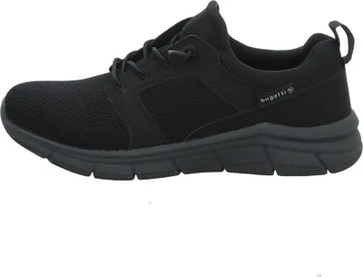 A side view of a black athletic shoe.