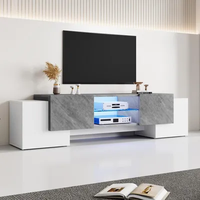 Zdjęcie produktu dla Szafka RTV, niski stolik pod telewizor, drewniana, z 2 drzwiczkami i 2 półkami, kolor biały/szary, wymiary: 180x40x46,5 cm