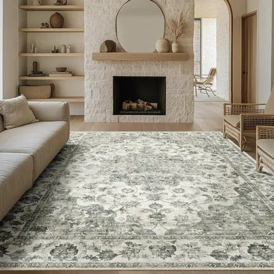 Produktbild von Großes grünes Retro-Tapijt für Wohnzimmer, 200x300cm, antislip, kurzhaarig