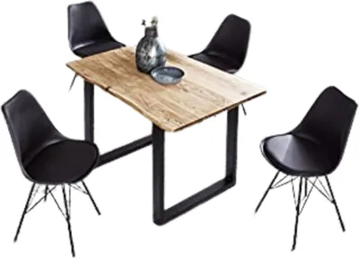 Produktbild von 5tlg. Essgruppe Billy 140 x 75 cm, Akazienholz massiv, naturfarben, Baumkantentisch mit U-Gestell in Schwarz + 4x Schalenstuhl Lerche in Schwarz